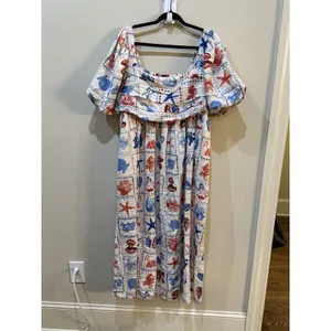 Nobody's Child Nova Print Puff Sleeve Maxi Dress Nautical Linen‎ Beach Shells thumbnail 4
