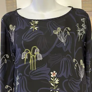 LOFT Black and Navy CrewNeck Floral Long Sleeve Blouse with Side Slits- Medium thumbnail 4