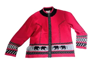 Timberlea Women's Red Black‎ Bear Motif Cardigan Sweater XL thumbnail 1