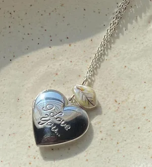 Handmade “I love you” stainless steel heart locket charm & Czech glass necklace 🍃🩵 thumbnail 1