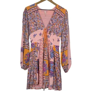Free People Mixin' It Up Mini Dress XS Pink Orange Paisley V-Neck Boho Hippie thumbnail 3