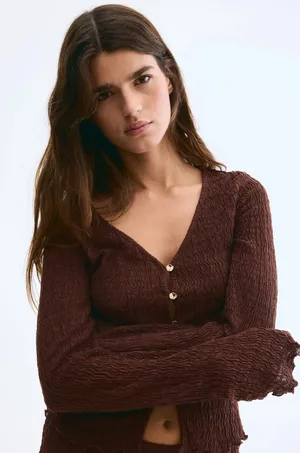 HM Womens Textured Crinkle Cardigan Top Brown Gold Button V-Neck Large 1283685-1 thumbnail 1