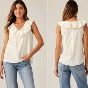 J.Crew Ruffle V-Neck Top Women Size‎ 2 White Sleeveless Cotton Blend Feminine thumbnail 2