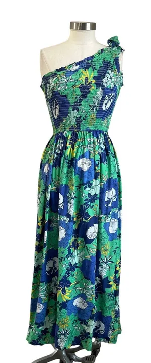 Japna One Shoulder Smocked Maxi Dress‎ Blue Green Floral Boho Vacation Sz Small thumbnail 1