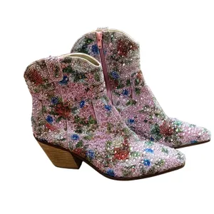Betsey Johnson Dive F Pink Floral Rhinestone Ankle Bootie Sz 8 Western thumbnail 2