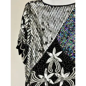 Vtg Scala Beaded Sequin Top Black Silver Embellished Blouse Size Large thumbnail 9