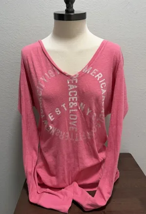 Y2K American Eagle Pink Deep V Neck Long Sleeve Peace L thumbnail 1