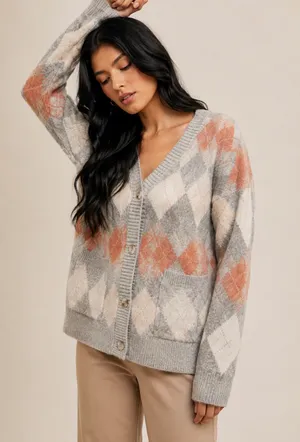 Lush Preppy Argyle Knit Button Up Cardigan In Grey & Mauve - Size M - NWOT thumbnail 1