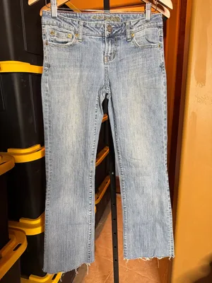 American Eagle Hipster Flare Jeans Y2K Low Rise Light Wash Raw Hem Size 2 Long thumbnail 2