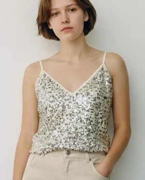 Goldie Twilight Camisole Top Womens M Silver Cream Sequin Sparkles‎ Shimmer Glam thumbnail 1