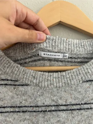 Staccato Gray Crewneck Sweater with Black Stripes Casual Fall Comfy Neutral XL thumbnail 2