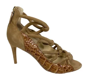 Alexandre Birman Lana Camel Tan Crocodile and‎ Suede Strappy Heels thumbnail 1