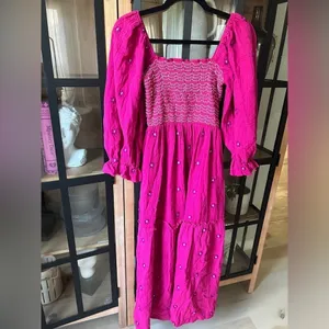 Amazon FP maxi dress embroidered dahlia puff sleeves smock floral magenta midi thumbnail 3