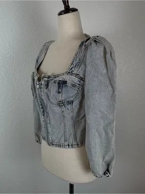 VENUS‎ *Y2K Denim Corset Bustier Crop Top Women’s XL Zip Puff Sleeve Acid Wash thumbnail 3