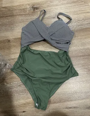 Striped Black & White Top with Olive Green One-Piece Swim sexy cutout thumbnail 1