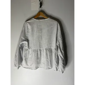 NWT Zara striped linen pheasant‎ v neck button front blouse white blue large thumbnail 2