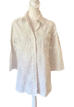 Peter Martin White Linen Floral Embroidered Button Up Shirt Womens Size Medium thumbnail 1