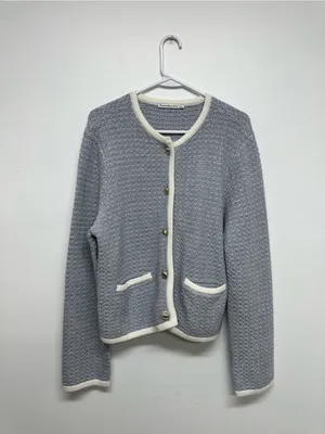 Abercrombie & Fitch Light Blue Textured Crewneck Cardigan with Cream Trim thumbnail 4