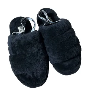 UGG Fluff Yeah Slingback Slide Sandal Womens 7 Black Sheepskin Slipper 1095119 thumbnail 1