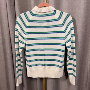 The Italian Mob Striped Knit‎ Sweater White Blue Green Snap Collar Pullover thumbnail 3