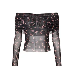 AFRM Black Floral Off the Shoulder Mesh Top MEDIUM Ruched Sheer Bodycon Pink $68 thumbnail 8