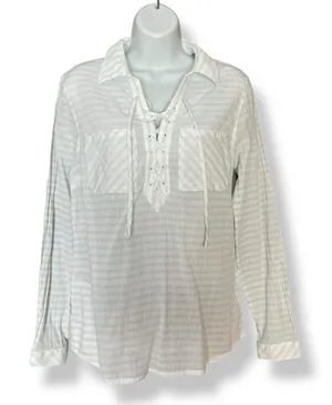 Mountain Hardwear Shirt Women Medium Striped White Blue Lightweight Long‎ Sleeve thumbnail 1