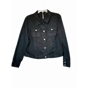 Black Denim Trucker Jacket Womens Large Fitted Button Up Grunge Goth Streetwear thumbnail 2