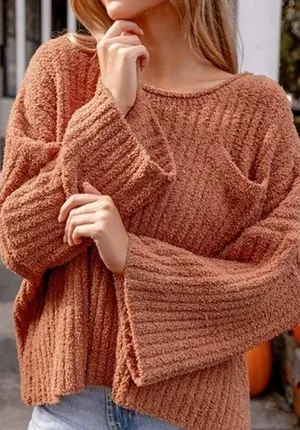 POL Ribbed Fuzzy Knit One Sholder Chunky Sweater thumbnail 1
