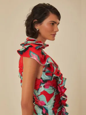 Farm Rio Red Summer Foliage One Shoulder Maxi Dress thumbnail 3