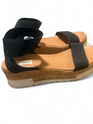 Steve Madden black platform sandals with cork sole and black elastic straps. 10 thumbnail 3