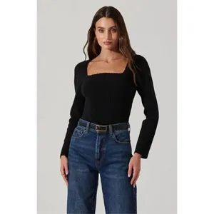ASTR The Label Black Scallop Trim Ribbed Knit Long Sleeve Top XL thumbnail 7