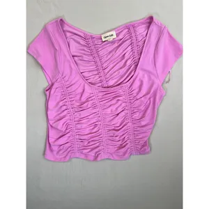 Open Edit Pink Ruched Short Sleeves Scoop Neck Stretchy Top Assymetrical Size L thumbnail 2