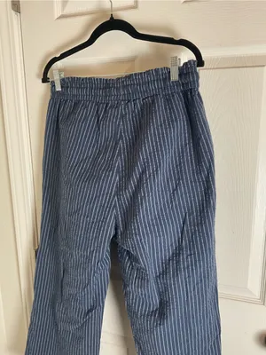 Women’s Blue & White Striped Linen Blend Wide Leg Pants Drawstring Lounge Size L thumbnail 7