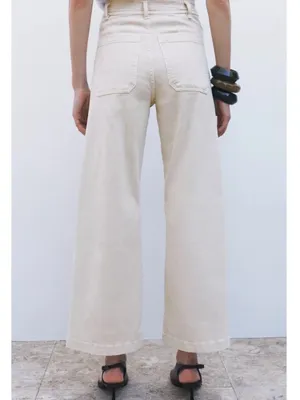 NWT Zara The Patch Pocket Wide Leg Jeans in Cream Size 6 thumbnail 2