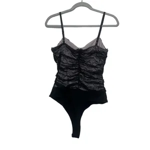 Lulu’s polka dot smocked mesh ruffled black Y2K bodysuit size L‎ thumbnail 2