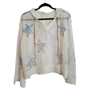 POL White Mesh Star Crochet Hoodie with Blue and Orange Accents thumbnail 3