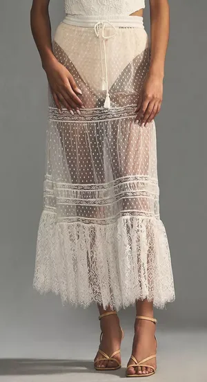 Anthropologie NWT By Sheer Lace Maxi Skirt in Ivory. SIZE Medium. thumbnail 2