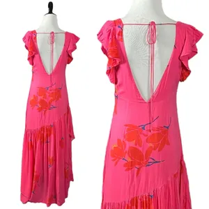 Free People Tropical Hawaiian Hibiscus Hot Pink Floral Maxi Dress Size 8 Summer thumbnail 10