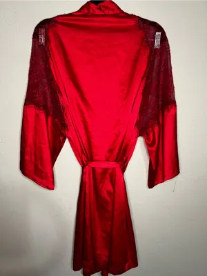 Victoria's Secret Red Satin Lace Chemise Slip Dress & Robe 2 Piece‎ Lingerie Set thumbnail 16