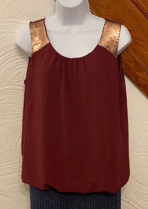 LOFT Blouse Women Burgundy Sequin Shoulder Bubble‎ Hem Medium thumbnail 1