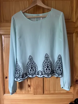 Xhilaration Mint Green Long-Sleeve Blouse with Navy Embroidered Hem size large thumbnail 1