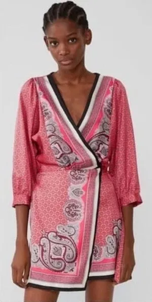 Zara Kimono Wrap Dress MEDIUM Tie Pink Black Paisley Silky 3/4 Sleeve thumbnail 1