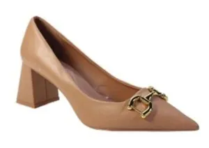 Zara Womens Tan Nude Pointed‎ Toe Block Heel Horsebit Buckle Pumps Size 5 thumbnail 1