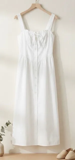 Derek Heart Women's White Midi Sundress – Sweetheart Neckline Button-Front Casual Summer Dress with Tie Detail thumbnail 1