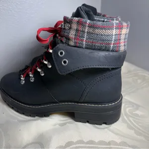 No Boundaries Black Lace-Up Boots with Red Laces and Plaid Cuff thumbnail 6