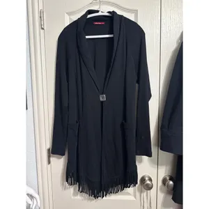 Barbara Lesser Black Fringe Cotton Knit Cardigan Minimalist Cozy Capsule Western thumbnail 3