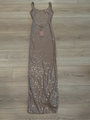 Pretty Little Thing KHAKI SEQUIN SHEER BOAT NECK MAXI DRESS thumbnail 2