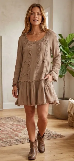 Monroe LTD Boho Peasant Crochet Festival Mini Dress Tunic Small. thumbnail 1