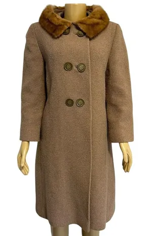 Vintage Double Breasted Wool Coat Real Fur Collar Camel Tan Textured 60s Retro‎ thumbnail 1
