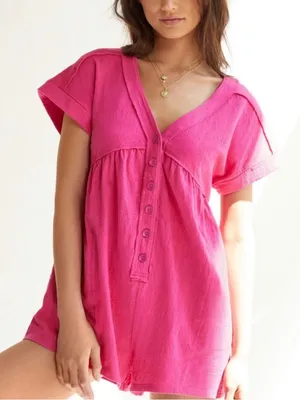 Anthropologie Daily Practice Hot Pink Button Front Lounge Romper Women’s Size XS thumbnail 1
